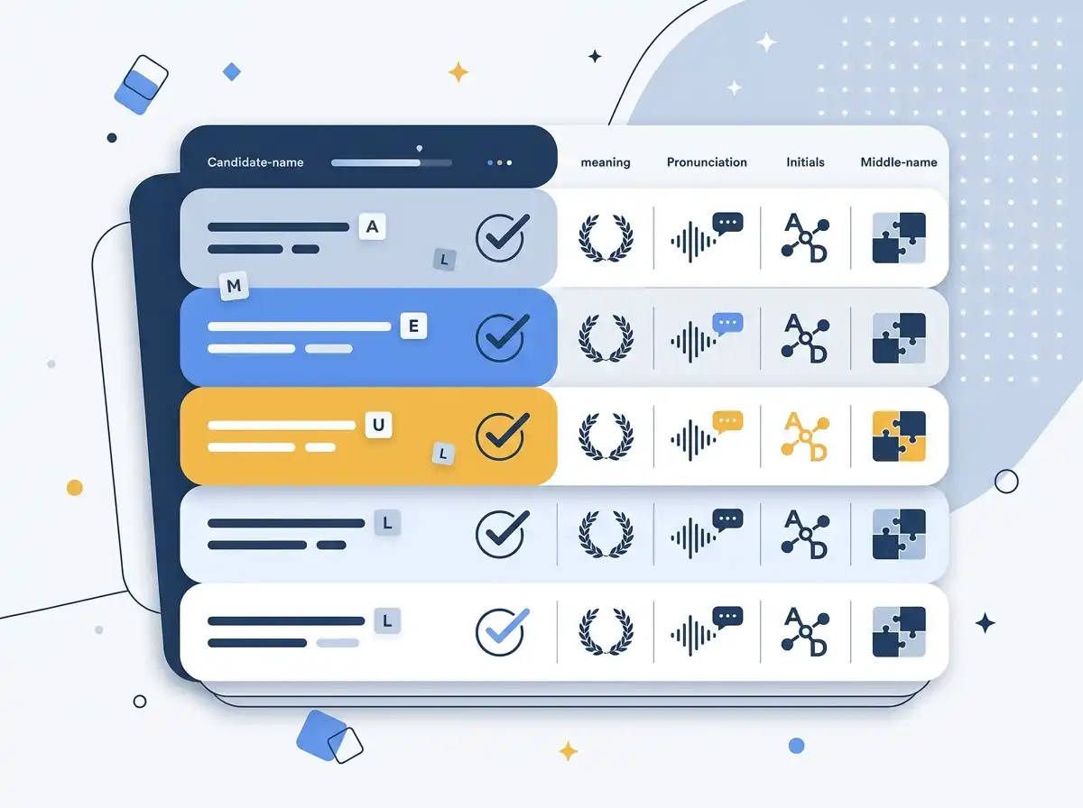 Baby boy name shortlist comparing meaning, pronunciation, initials and name flow